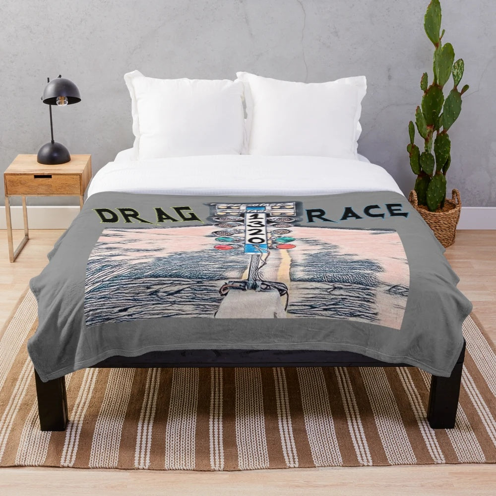 Drag racing-themed plush blanket with Christmas tree lights design
