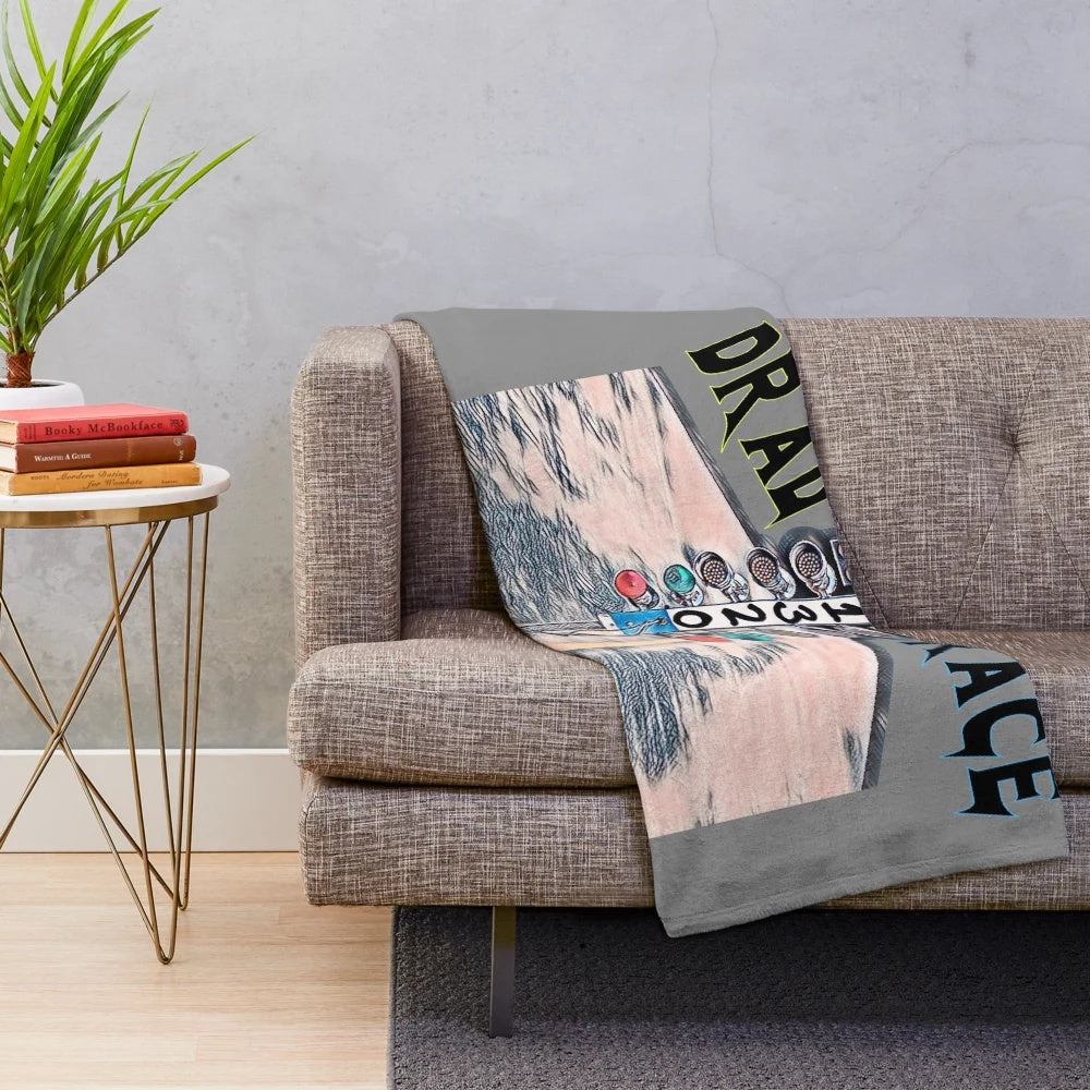 Drag racing-themed plush blanket with Christmas tree lights design