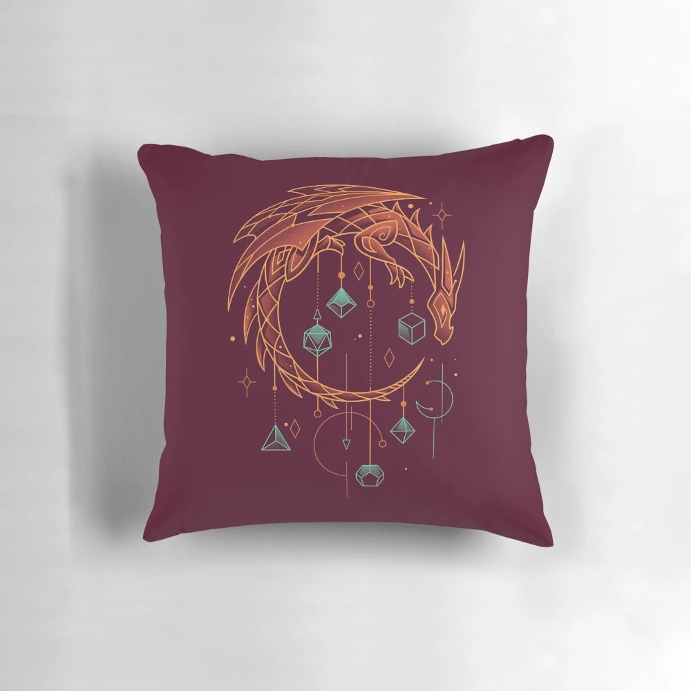 A decorative dragon-themed pillow designed to hold dice and other gaming accessories for roleplaying enthusiasts.