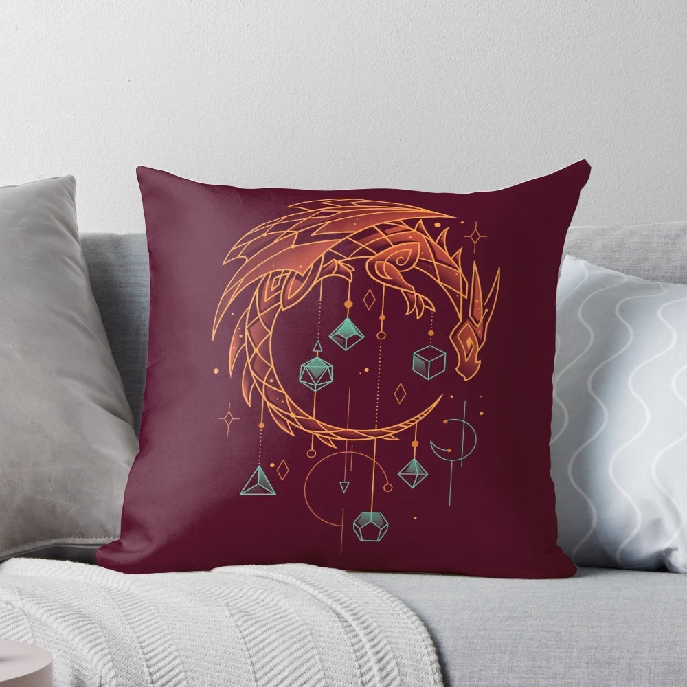 A decorative dragon-themed pillow designed to hold dice and other gaming accessories for roleplaying enthusiasts.