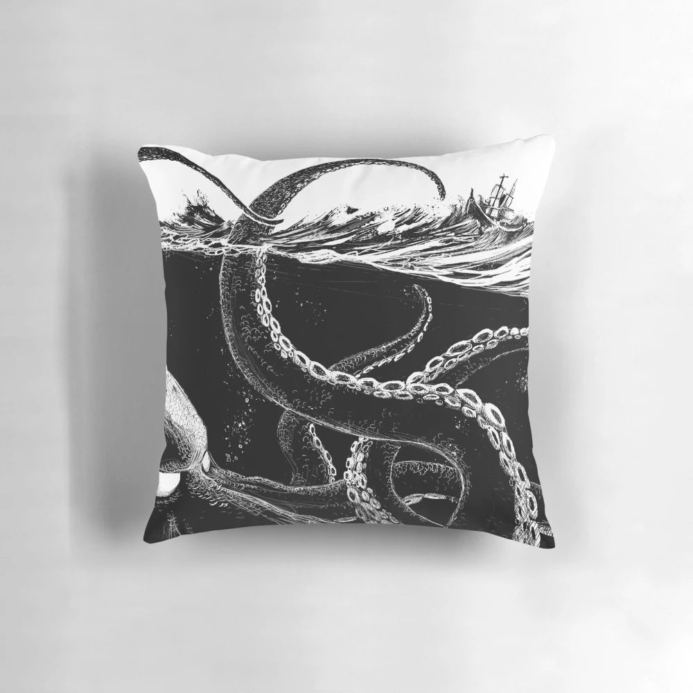Striking black and white graphic pillow featuring a fearsome sea monster, perfect for ocean and nautical decor.