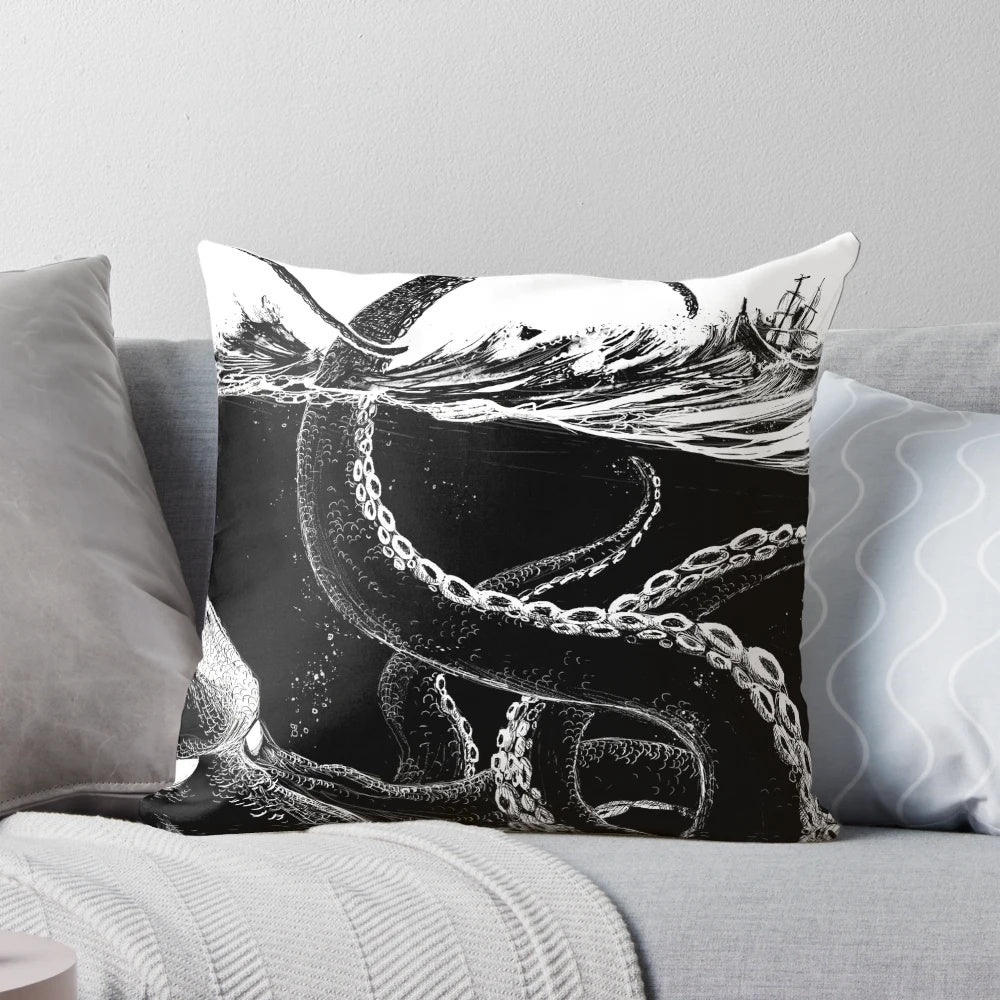 Striking black and white graphic pillow featuring a fearsome sea monster, perfect for ocean and nautical decor.