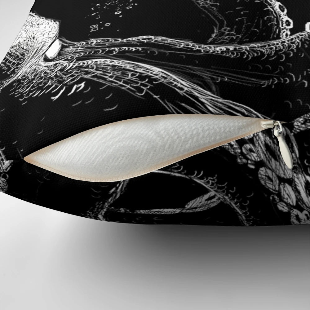 Striking black and white graphic pillow featuring a fearsome sea monster, perfect for ocean and nautical decor.