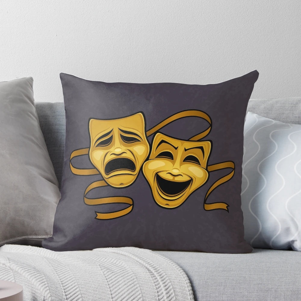 Gold theater masks pillow with comedy and tragedy design