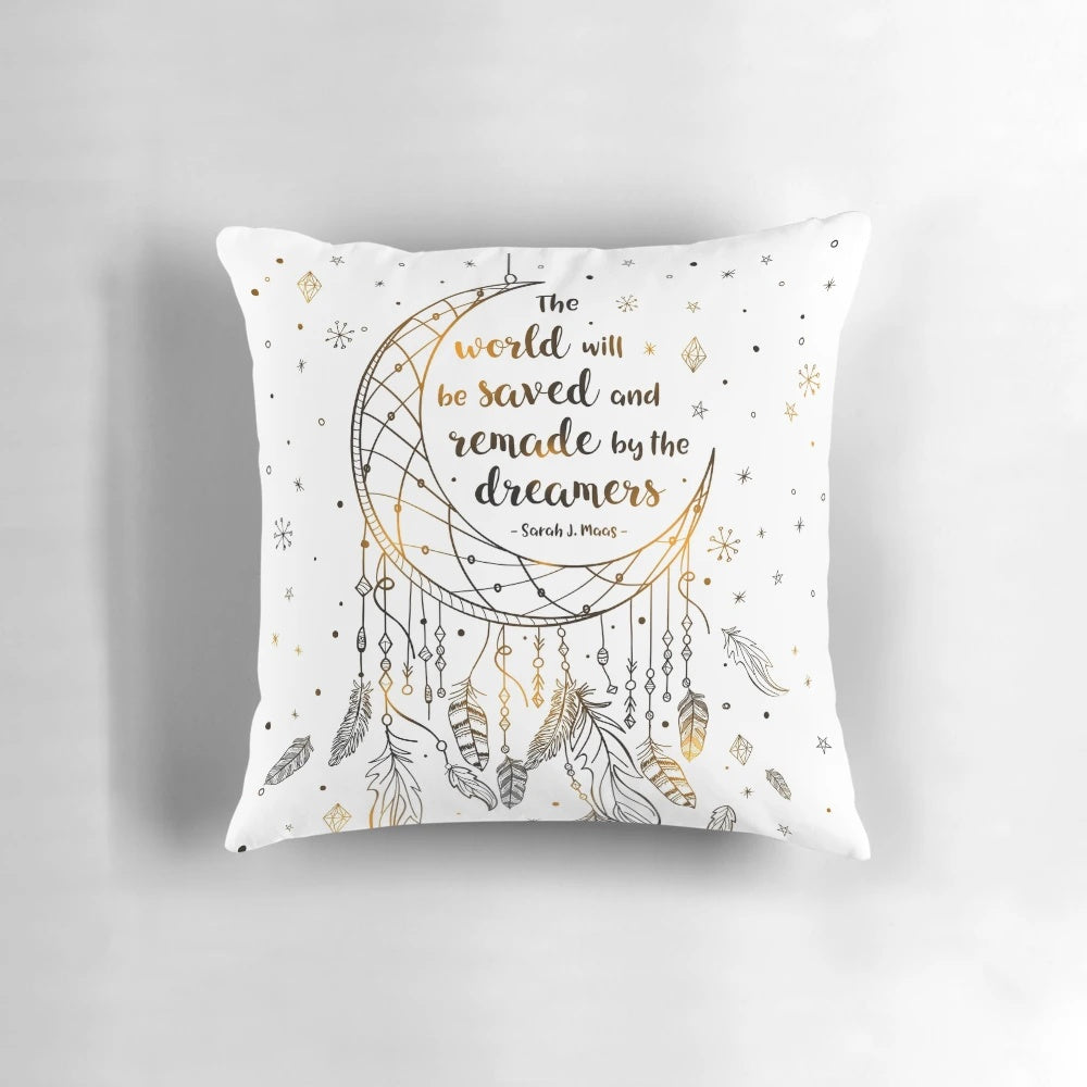 Decorative pillow featuring a dreamcatcher-inspired design with feathers, stars, and a glow effect, perfect for book lovers and fantasy fans.