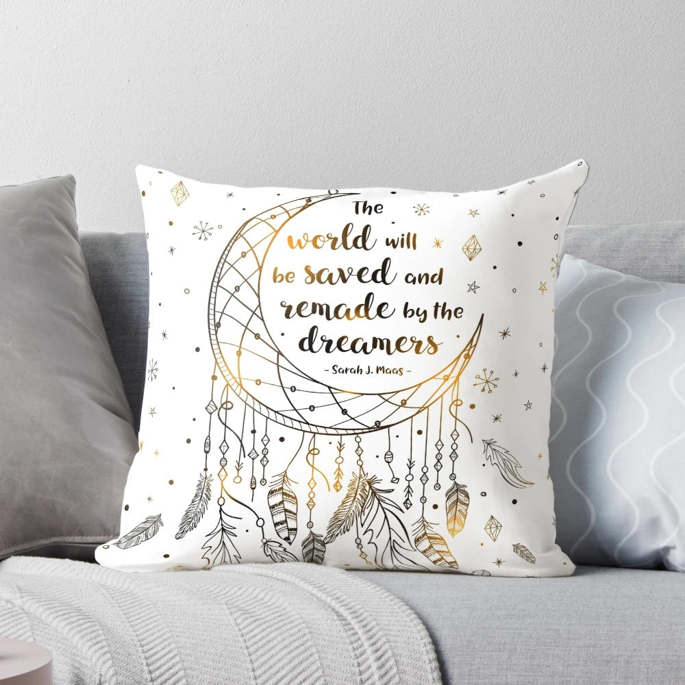Decorative pillow featuring a dreamcatcher-inspired design with feathers, stars, and a glow effect, perfect for book lovers and fantasy fans.