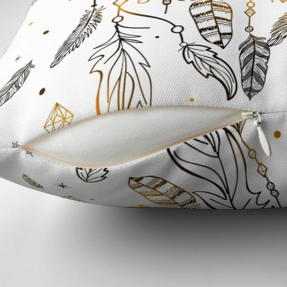 Decorative pillow featuring a dreamcatcher-inspired design with feathers, stars, and a glow effect, perfect for book lovers and fantasy fans.