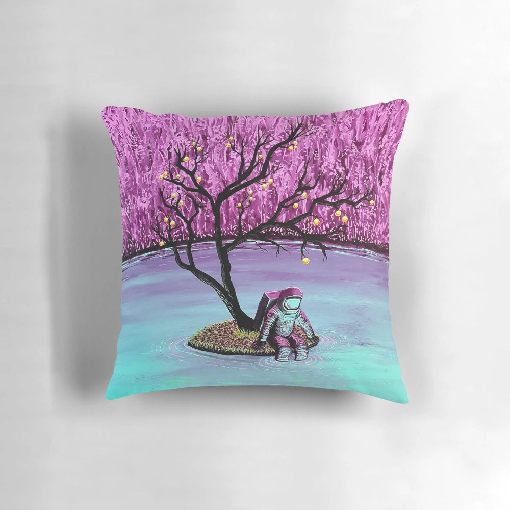 Dreamer Pillow - A vibrant, surreal space-themed accent pillow with an astronaut design, perfect for adding a touch of cosmic style to any room.