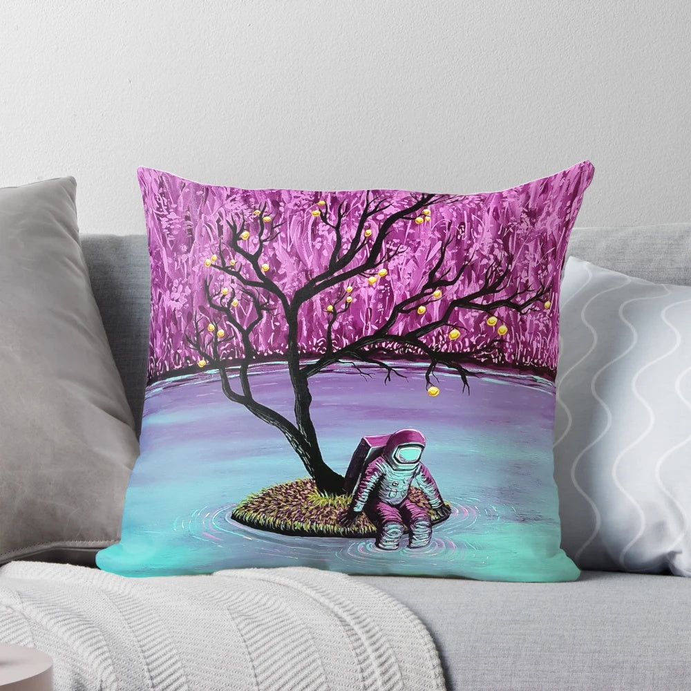 Dreamer Pillow - A vibrant, surreal space-themed accent pillow with an astronaut design, perfect for adding a touch of cosmic style to any room.