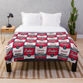 Dreamer-inspired plush blanket featuring the character Poulain from the French film "Amelie" and pop art style Campbells soup can