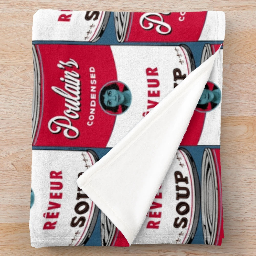 Dreamer-inspired plush blanket featuring the character Poulain from the French film "Amelie" and pop art style Campbells soup can