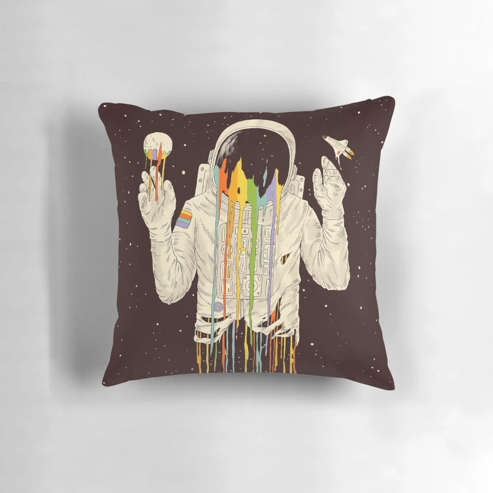 A surreal, space-themed pillow with a dreamful, cosmic design featuring stars, planets, and a serene astronaut figure.