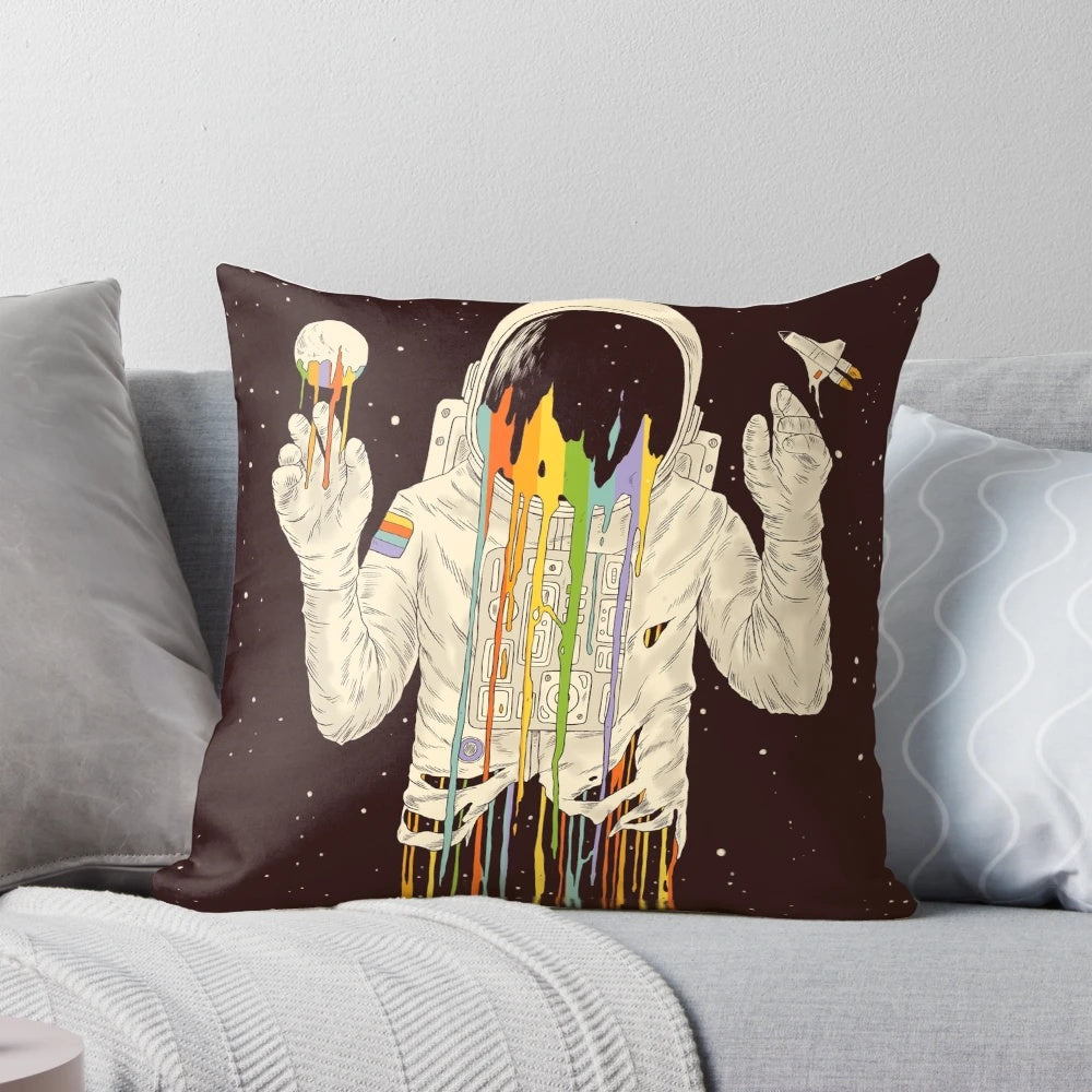 A surreal, space-themed pillow with a dreamful, cosmic design featuring stars, planets, and a serene astronaut figure.
