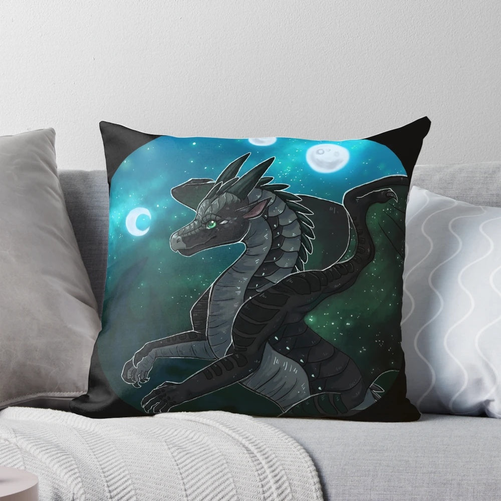 A black and white dragon pillow with a moon design, perfect for dragon lovers and fantasy fans.