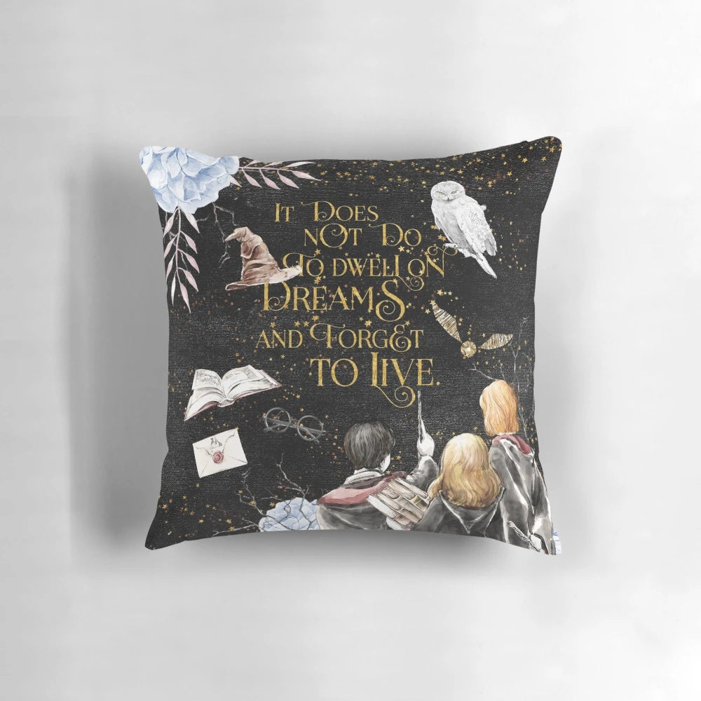 Plush pillow with "To Dwell on Dreams" design, perfect for book lovers and reading enthusiasts.