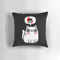 A white and black pillow with a cute cat graphic depicting an explosion or fire, perfect for adding a playful touch to any space.
