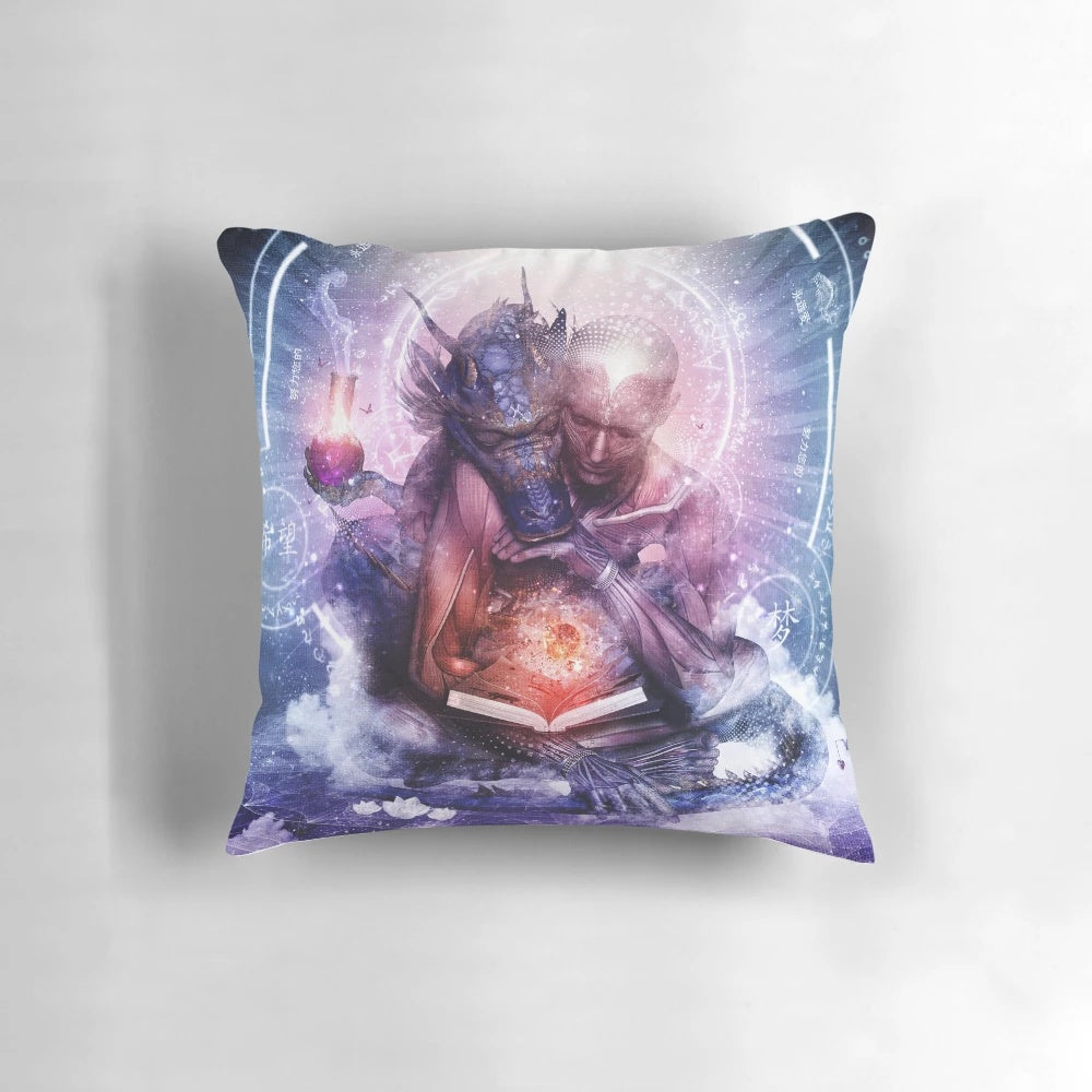 Pillow featuring a cosmic, dreamlike design by artist Cameron Gray, depicting soulmates and love.