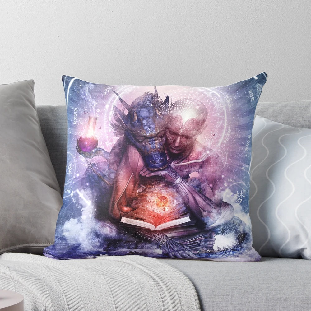 Pillow featuring a cosmic, dreamlike design by artist Cameron Gray, depicting soulmates and love.