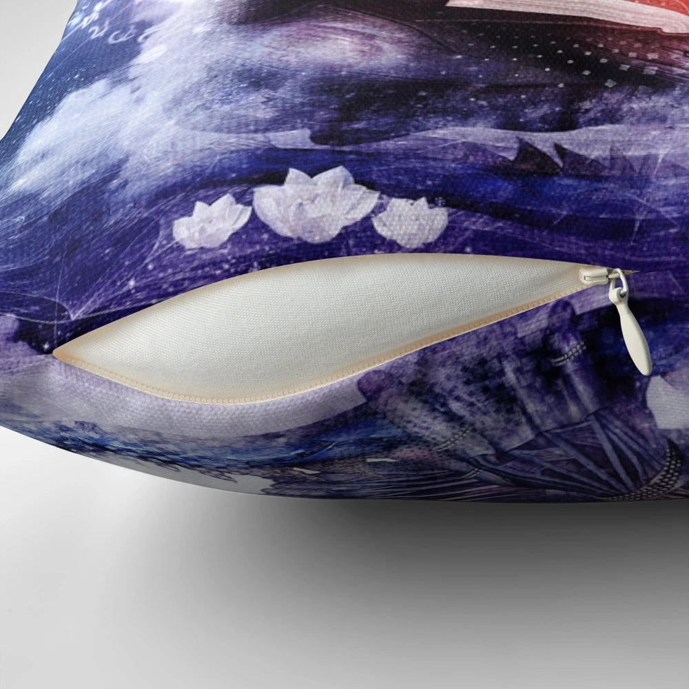 Pillow featuring a cosmic, dreamlike design by artist Cameron Gray, depicting soulmates and love.