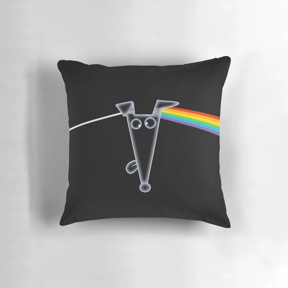 Surreal pillow design featuring a greyhound against a backdrop of the moon and space imagery, paying homage to the iconic Pink Floyd album.