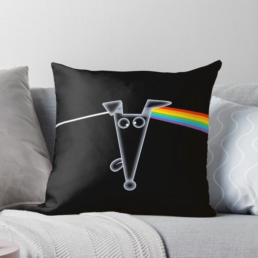 Surreal pillow design featuring a greyhound against a backdrop of the moon and space imagery, paying homage to the iconic Pink Floyd album.