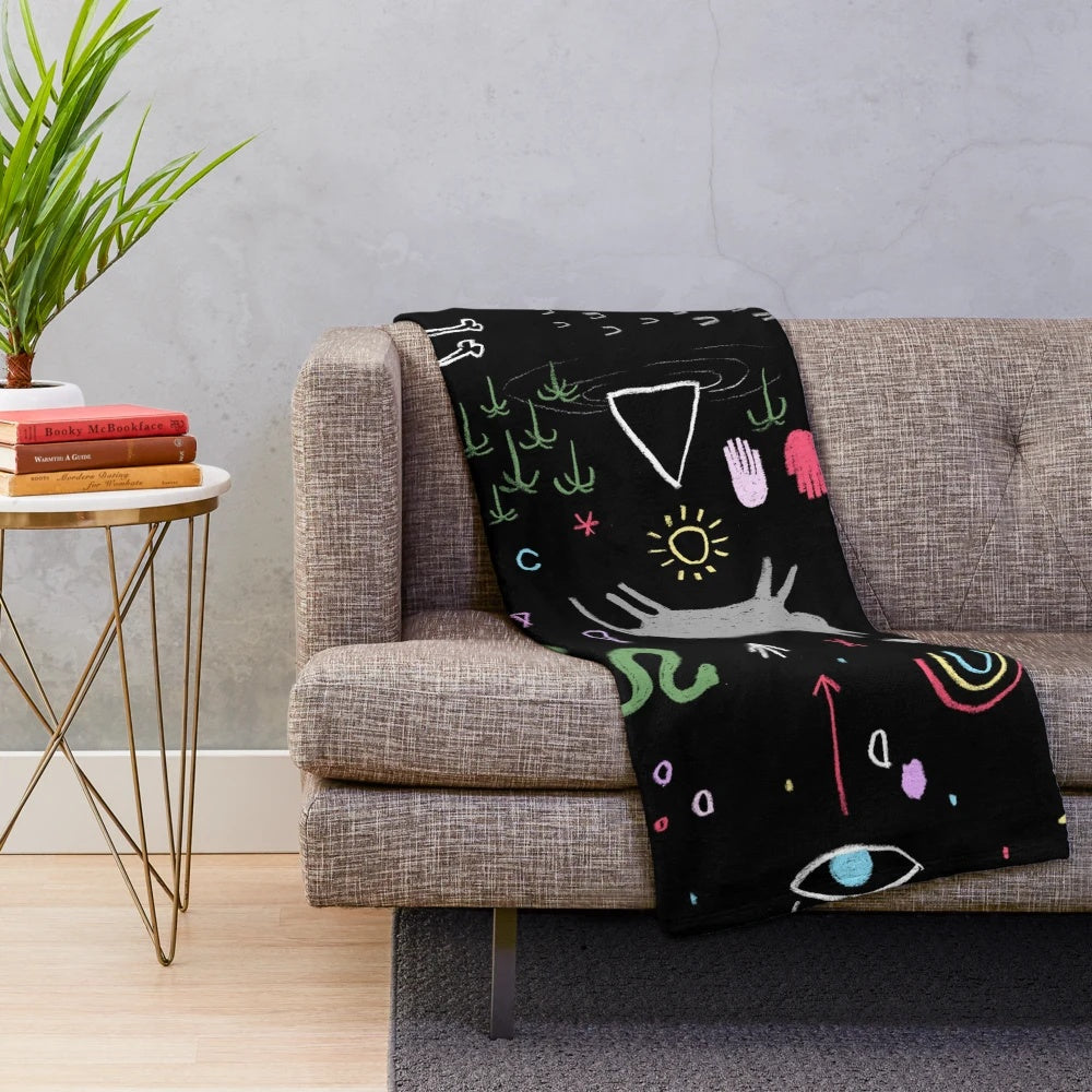Chalkboard inspired dreamscape plush blanket with animal and symbolic patterns