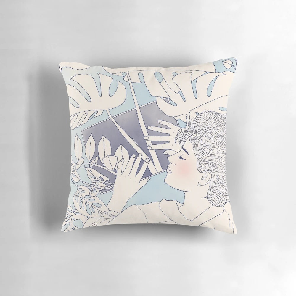 Closeup of a throw pillow with a tropical houseplant botanical illustration design.