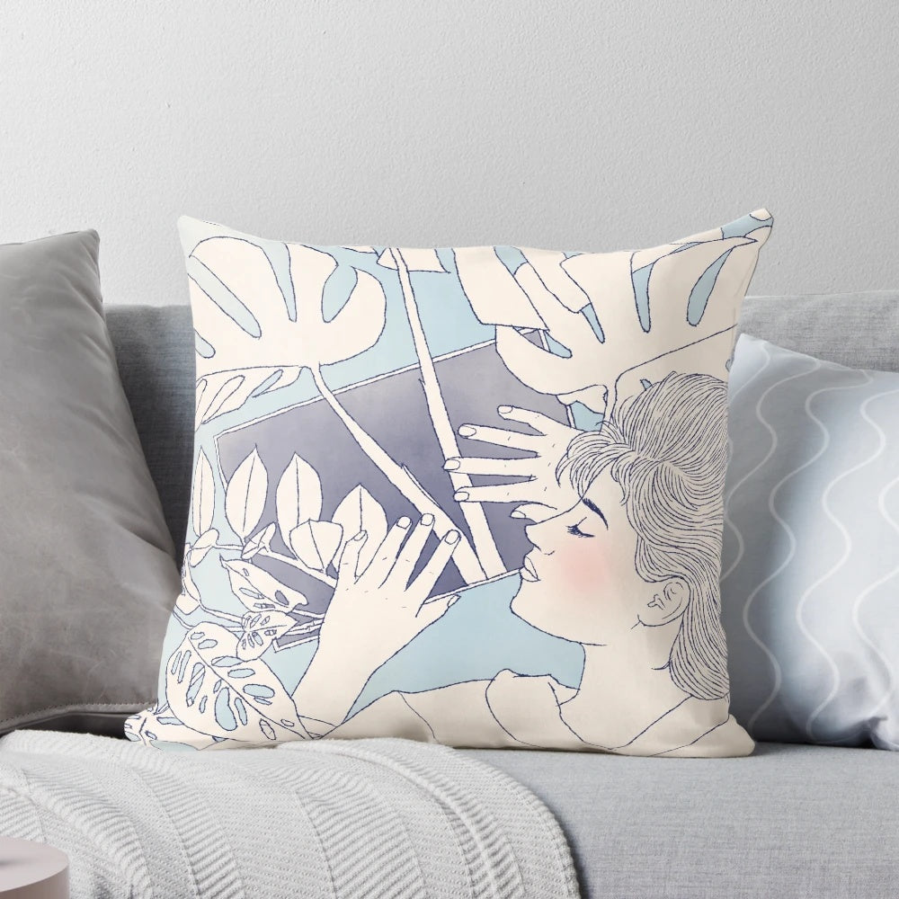 Closeup of a throw pillow with a tropical houseplant botanical illustration design.