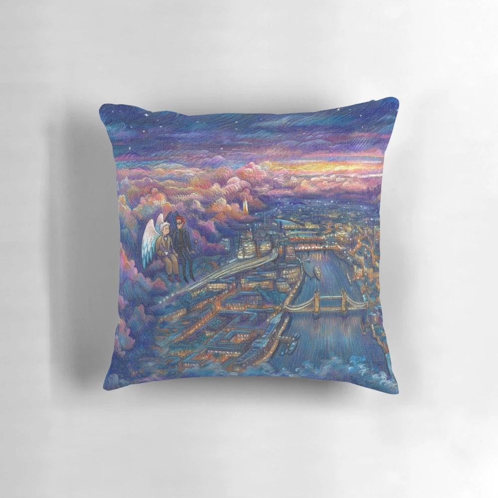 Pillow featuring a dreamy cityscape of London with a romantic, angelic and demonic design