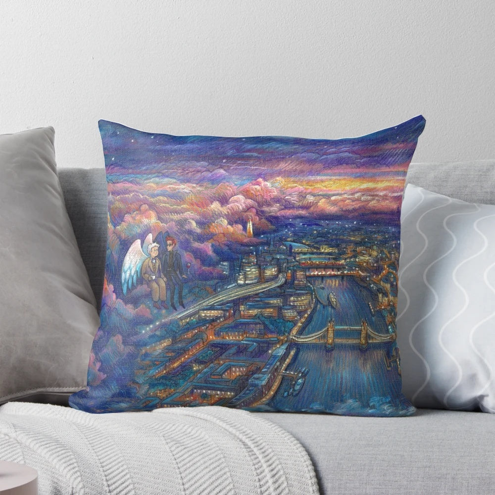 Pillow featuring a dreamy cityscape of London with a romantic, angelic and demonic design