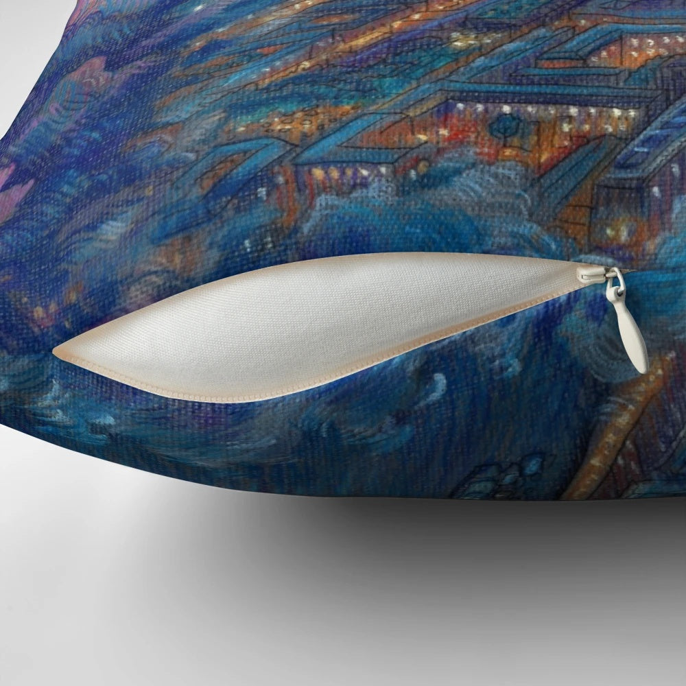 Pillow featuring a dreamy cityscape of London with a romantic, angelic and demonic design