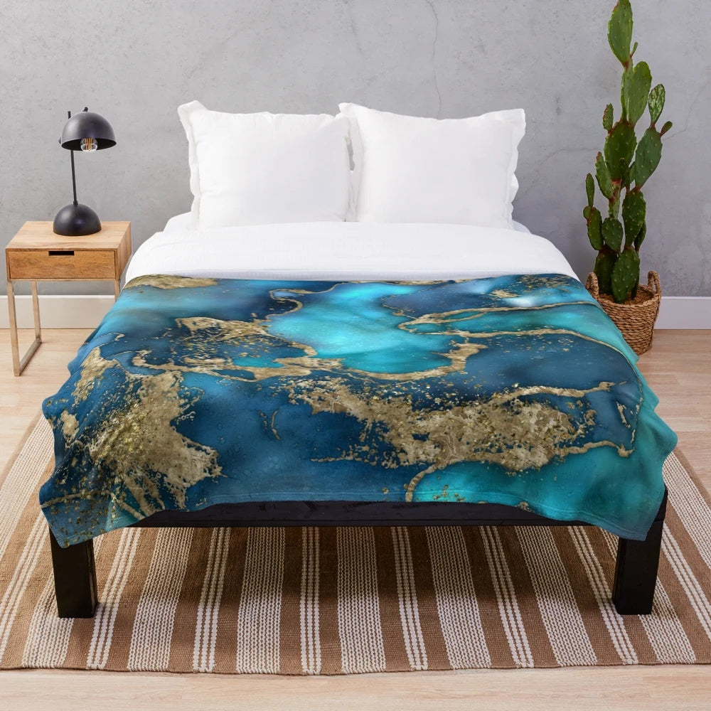 Dreamy blue teal and gold abstract plush blanket