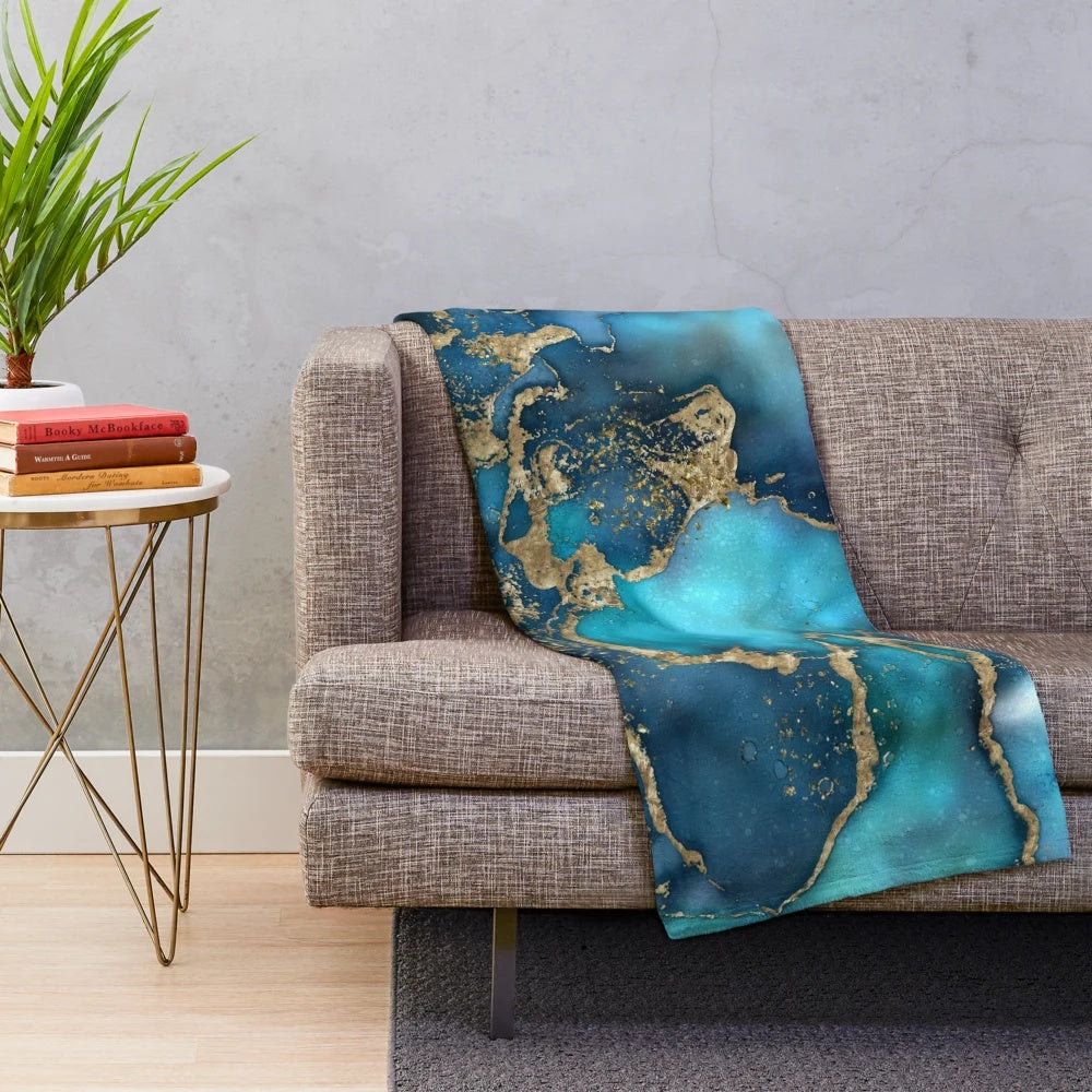 Dreamy blue teal and gold abstract plush blanket