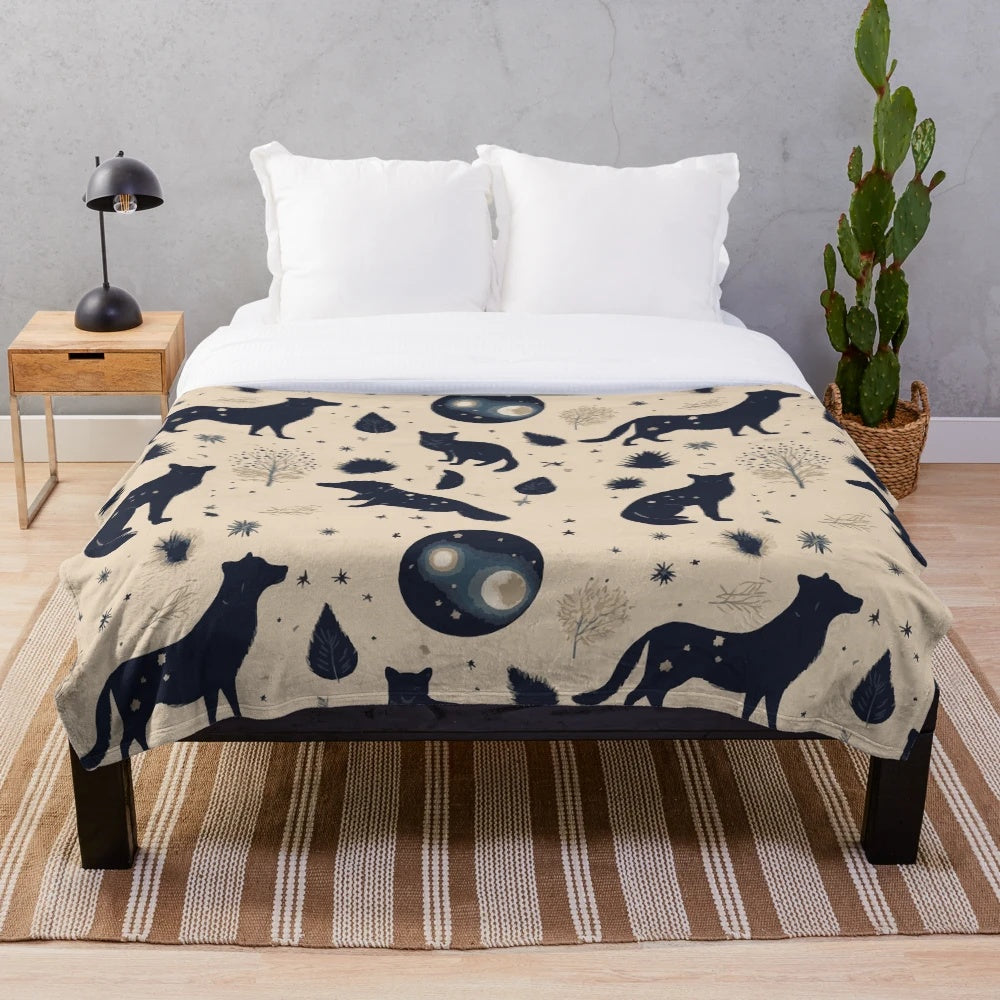 Plush celestial animals blanket with cats, dogs, and other whimsical creatures