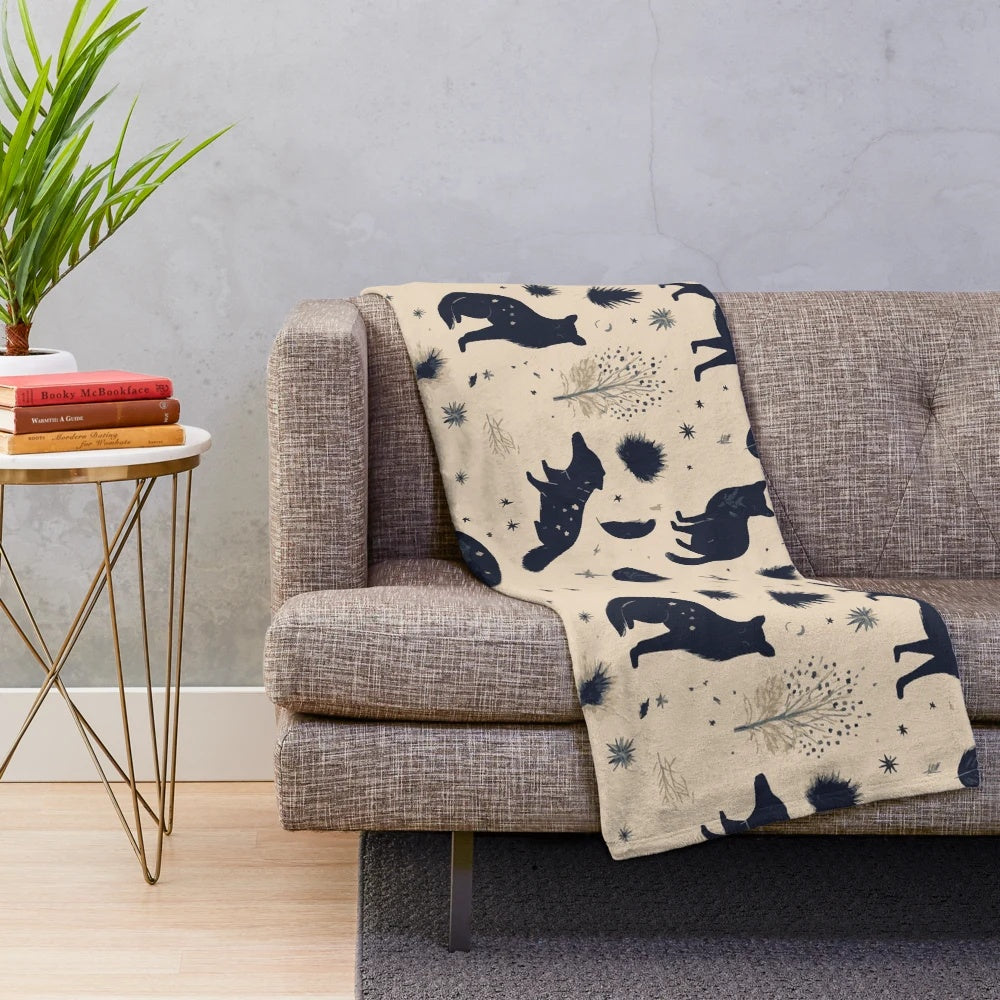 Plush celestial animals blanket with cats, dogs, and other whimsical creatures