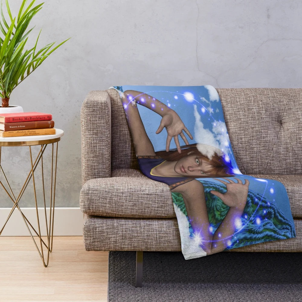 Plush blanket with whimsical cloud and celestial pattern design