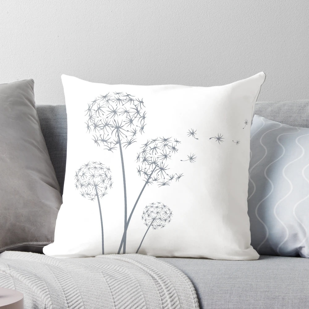 Soft, fluffy white pillow featuring a vibrant dandelion design - perfect for spring and summer decor.