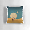 Dunes and droids themed sci-fi throw pillow