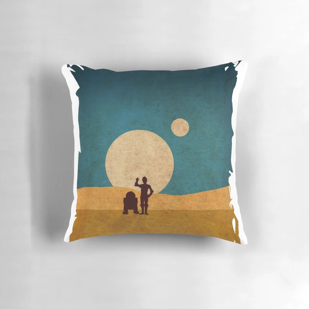 Dunes and droids themed sci-fi throw pillow