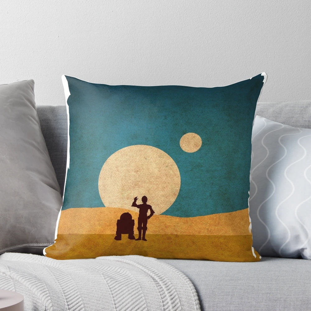 Dunes and droids themed sci-fi throw pillow
