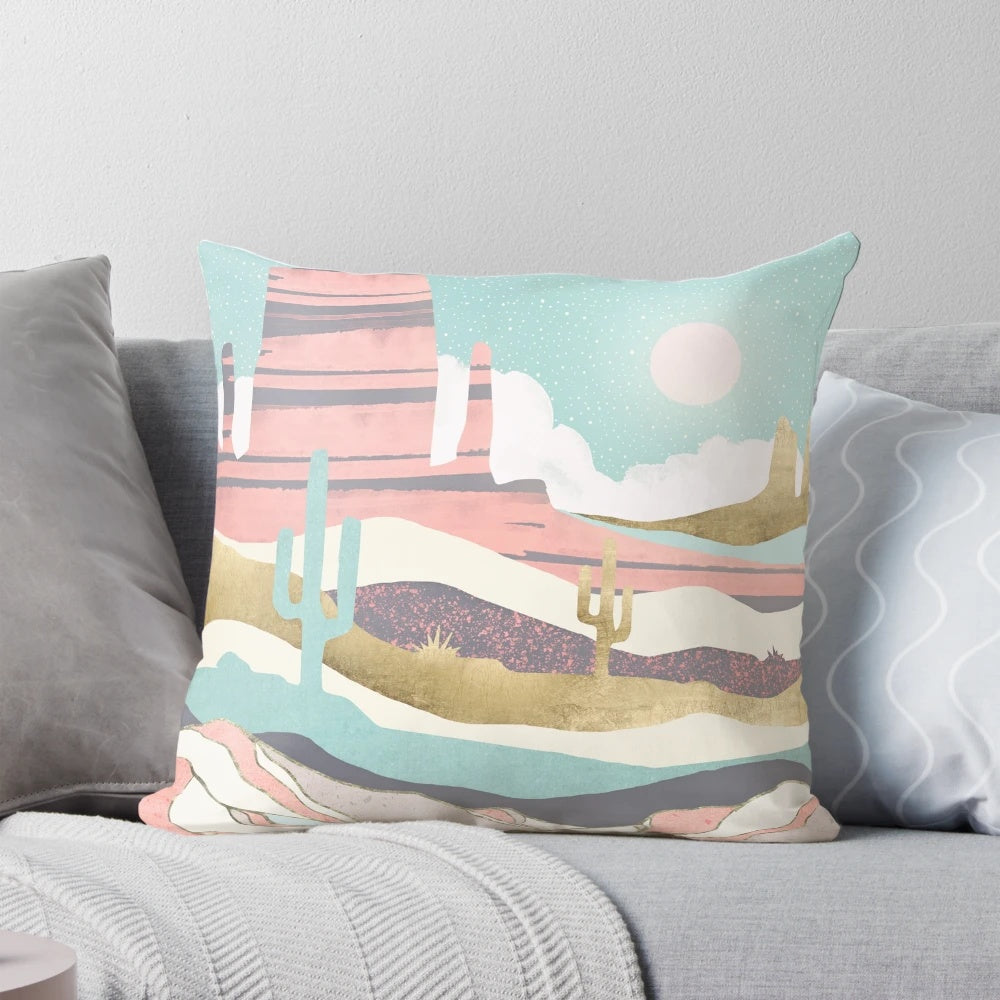 Decorative Desert Sun Pillow with Earthy Tones and Abstract Design