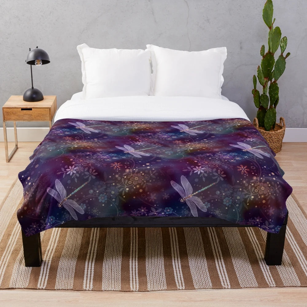 Dreamy Dragonflies Plush Blanket with Floral and Dragonfly Pattern