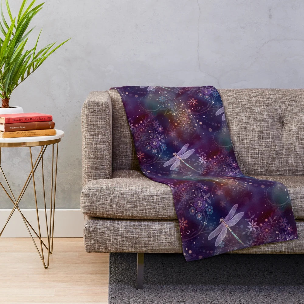 Dreamy Dragonflies Plush Blanket with Floral and Dragonfly Pattern