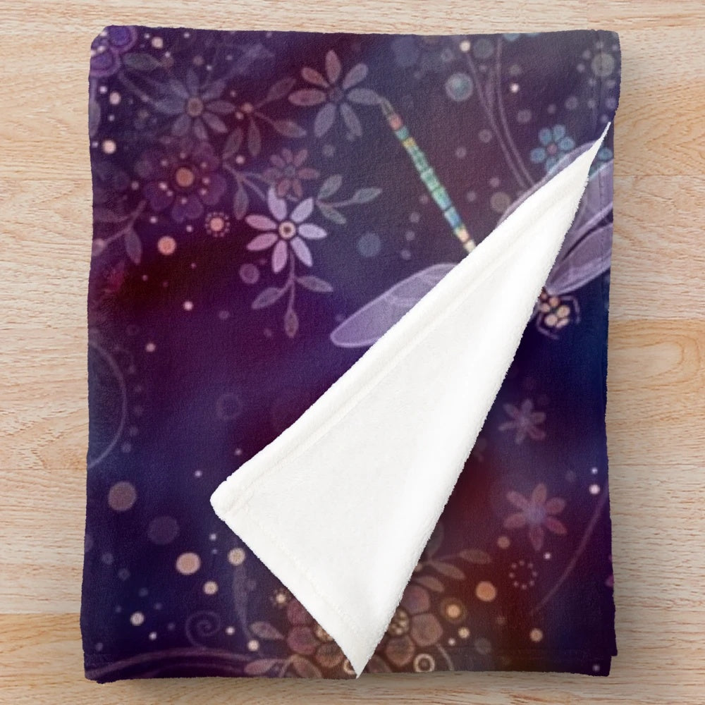 Dreamy Dragonflies Plush Blanket with Floral and Dragonfly Pattern
