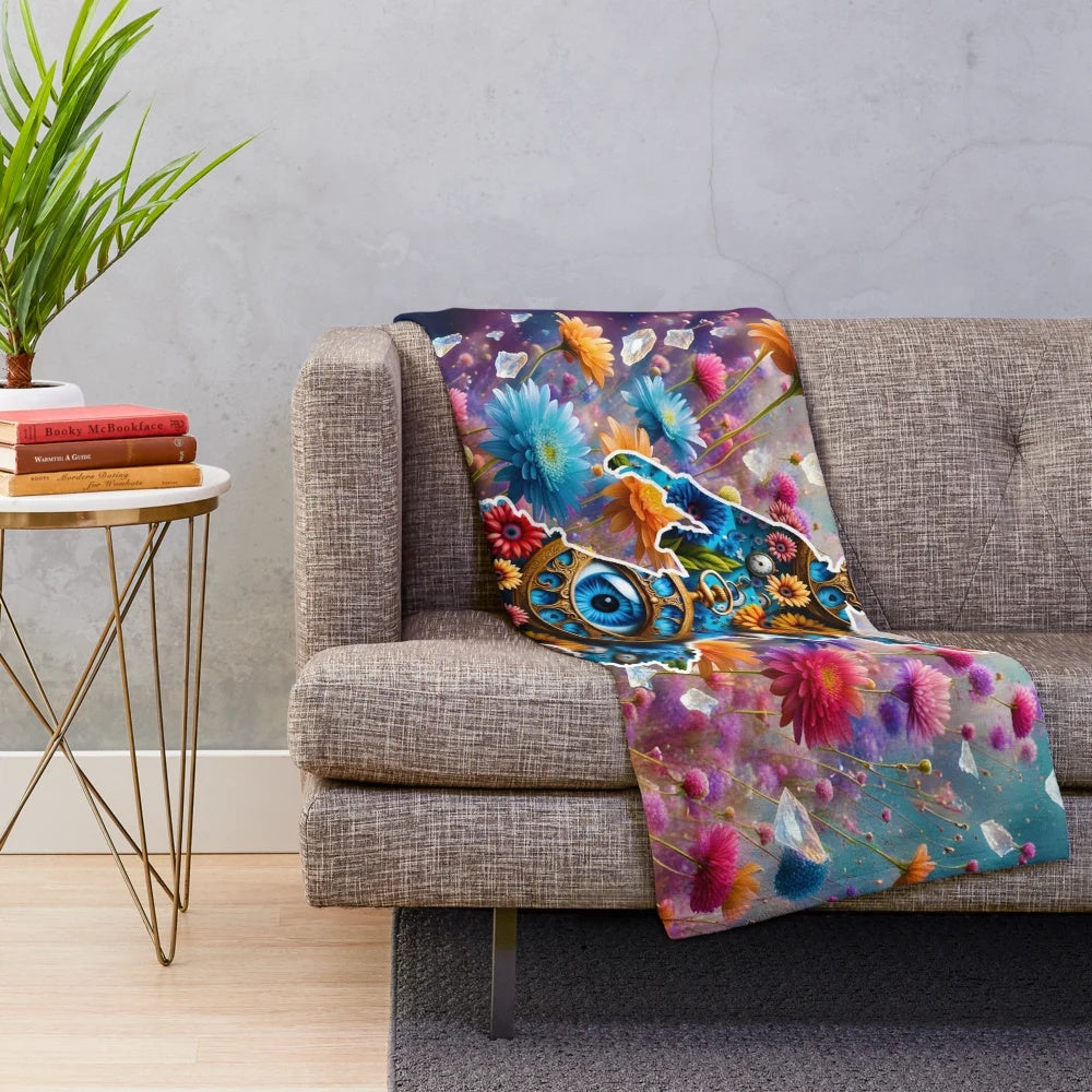 Plush blanket with a whimsical, floral dancer design in a vintage, fantasy style