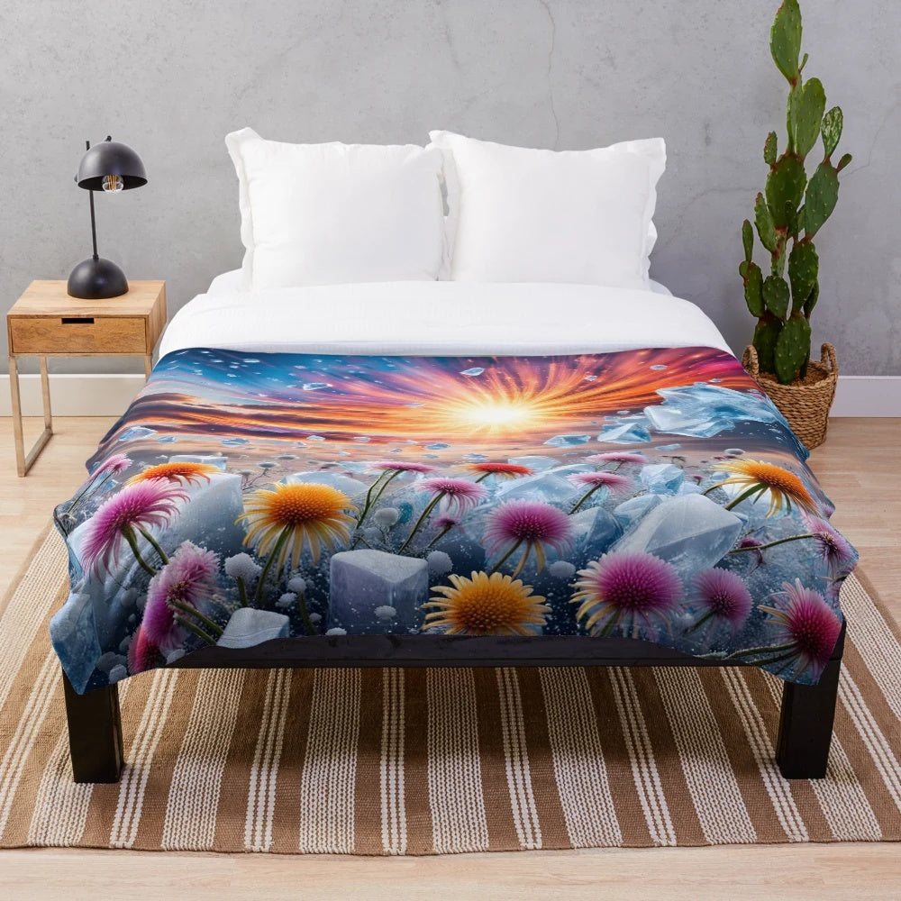 Vibrant flower sunset design plush blanket