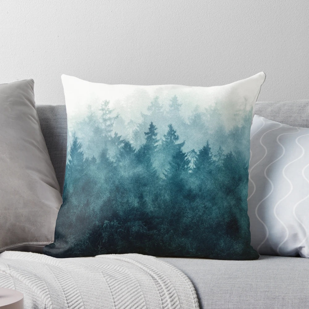 Cozy forest-themed decorative pillow with a misty, vintage-inspired design