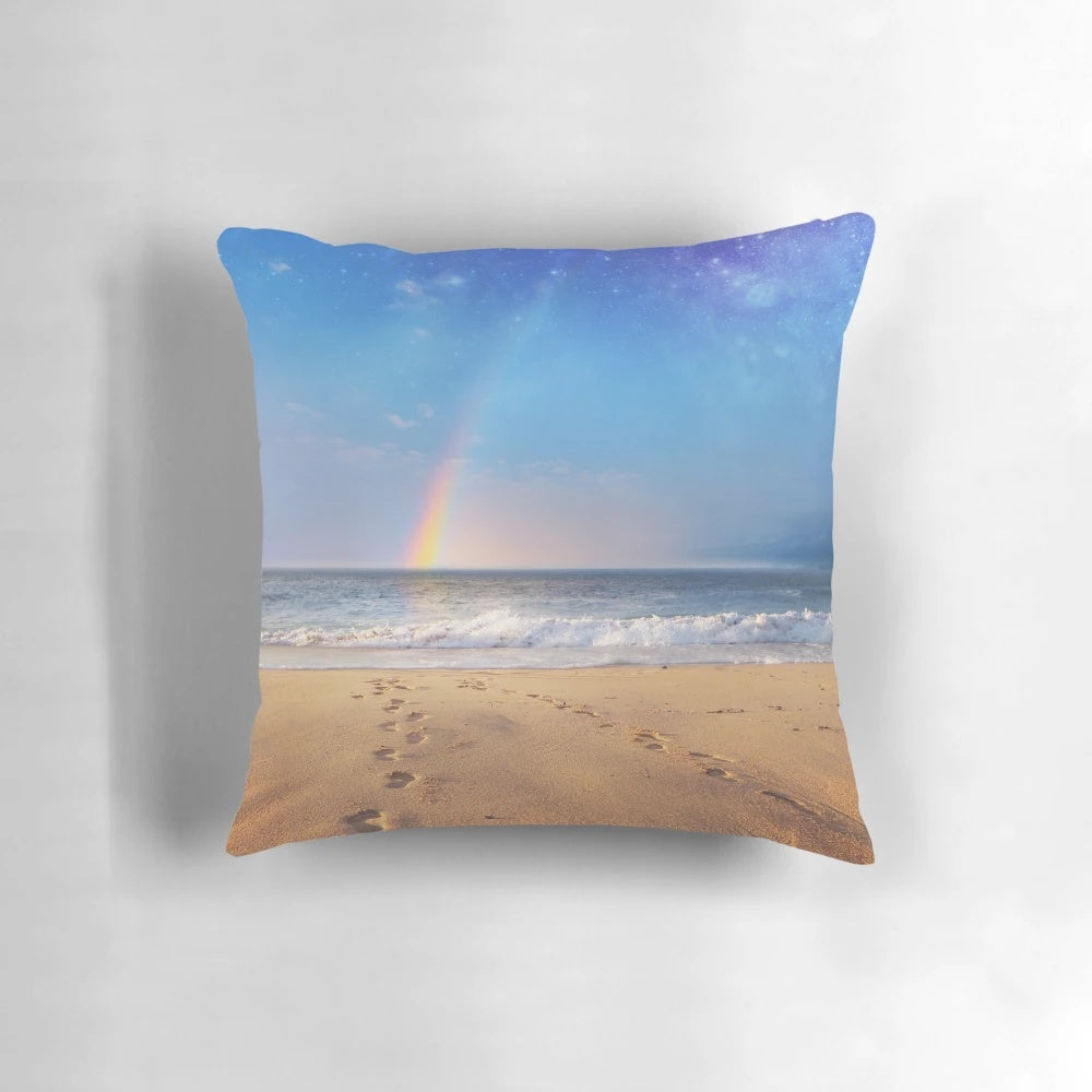 Pillow with a serene beach and starry sky design, perfect for a peaceful and relaxing space.