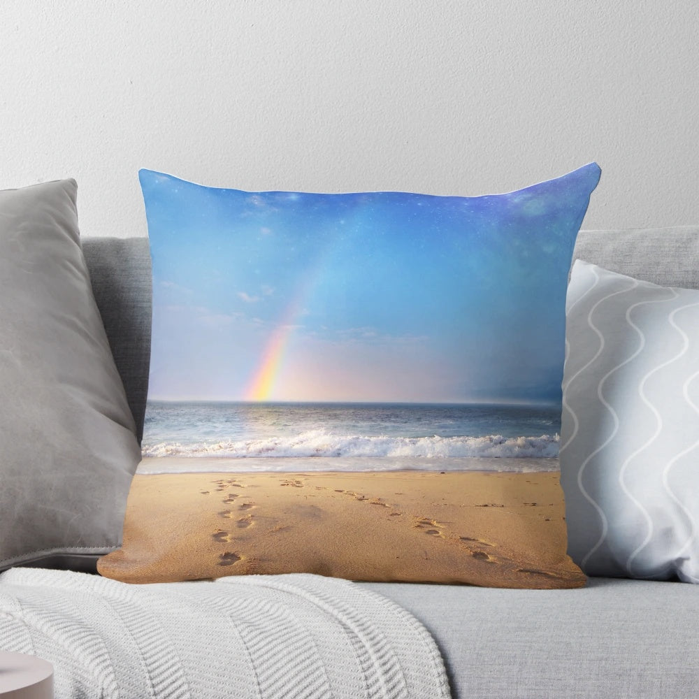 Pillow with a serene beach and starry sky design, perfect for a peaceful and relaxing space.