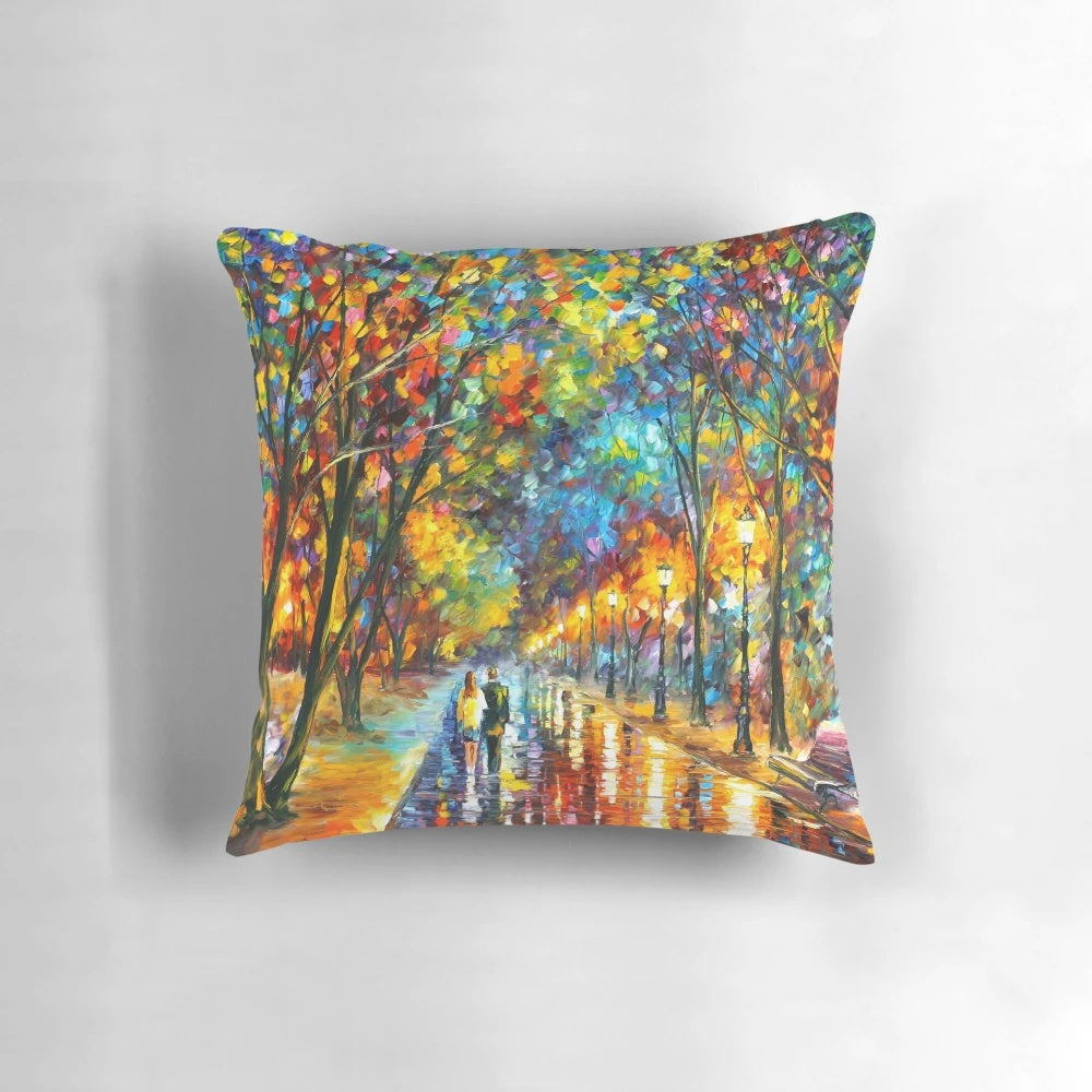 Dreamy forest landscape oil painting on a decorative pillow